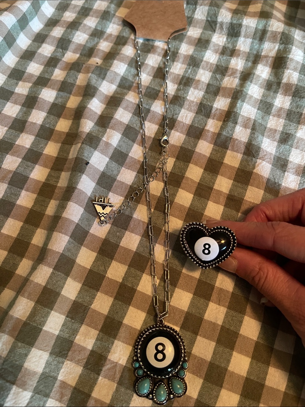 8 Ball Pendant Necklace and Heart Ring Set - Black & Turquoise Accents